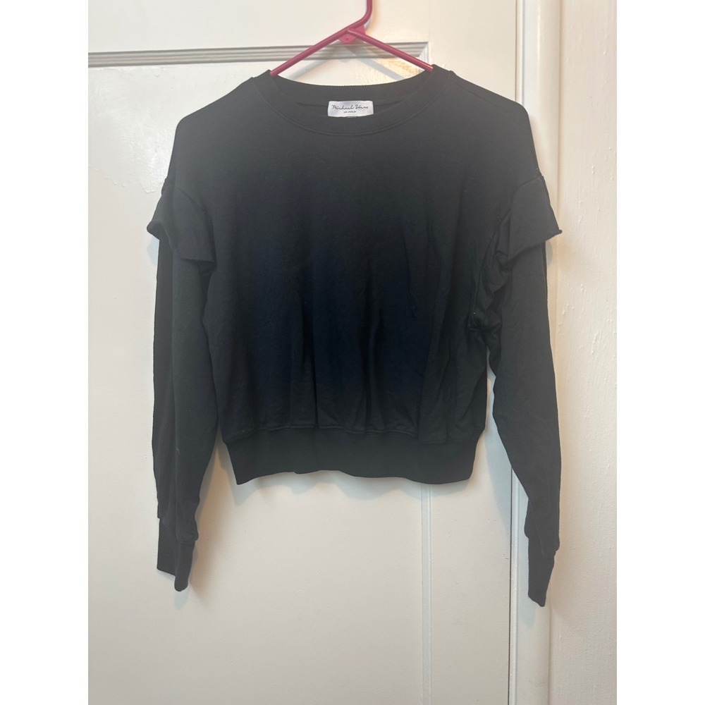 Michael Stars Black Ruffle Shoulder Sweatshirt Long Sleeve Cropped Crew Neck S